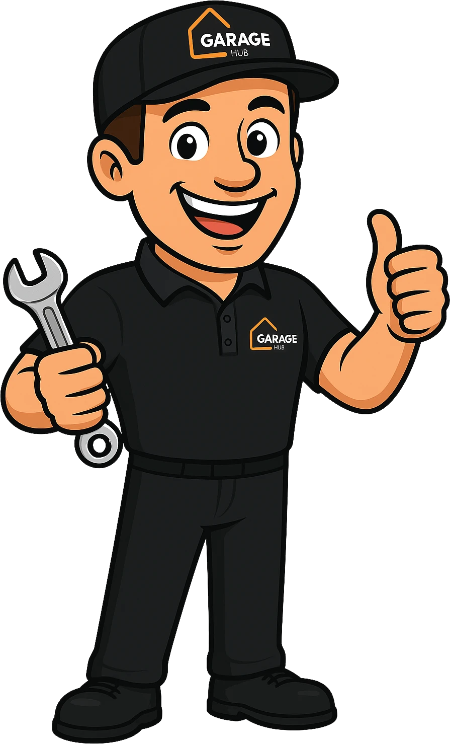 Garage hub man with a tool in one hand and throwing thumbs up.